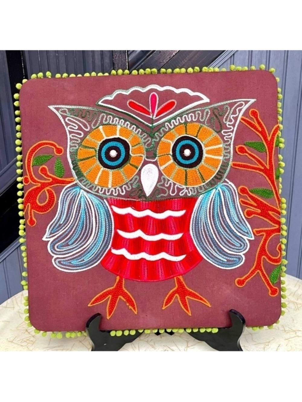 Pier 1 Imports Owl Embroidered Wall Art Boho Funky Eclectic Owl Pom Pom